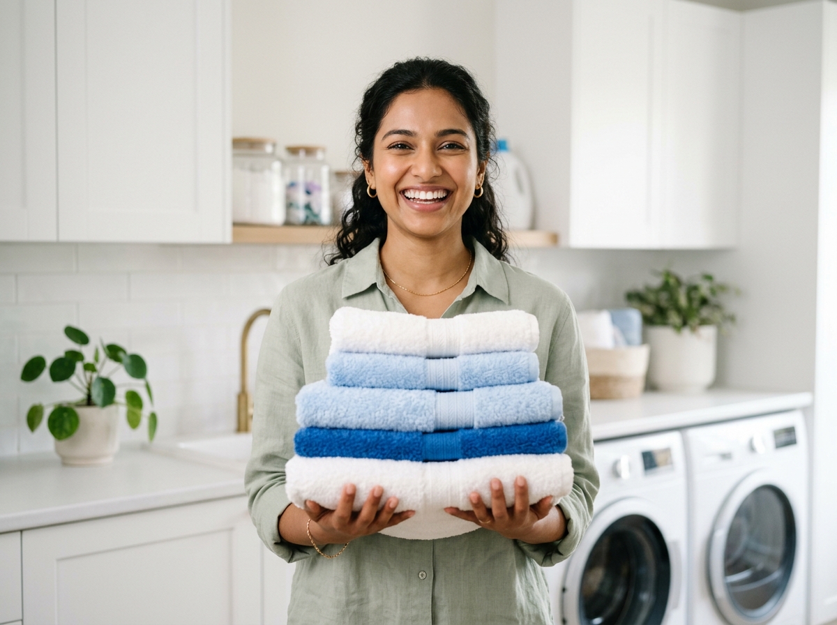 Happy smiling woman holding clean laundry
