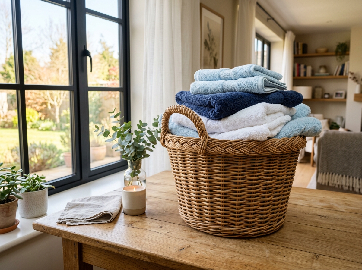 Wicker laundry basket with neatly rolled clean towels